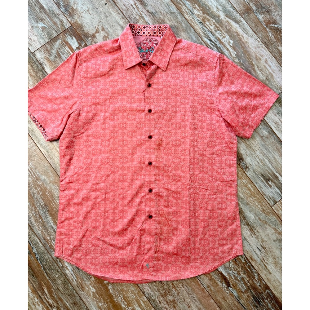 Robert Graham Mens M Coral Floral Jacquard Shirt Short Sleeve Classic Fit